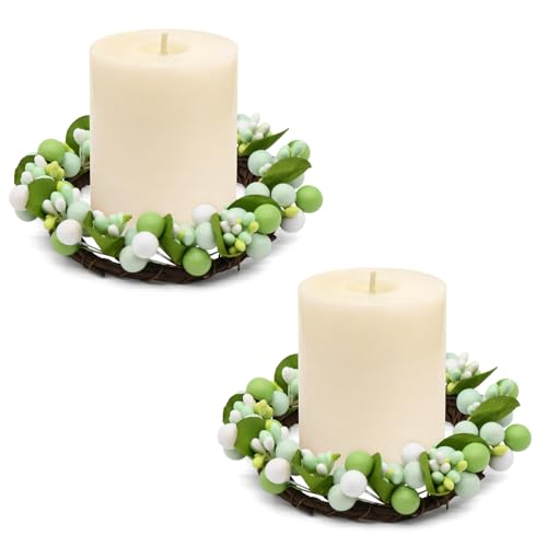 nuvagiki 2 Pack Sage Green Candle Ring Wreaths Spring Berry Candle Rings for Table Centerpiece Decor Rustic Farmhouse Spring Summer Decorations for Wedding Table Kitchen