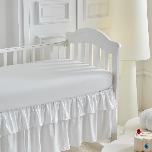 Image of Ruffled Mini Crib Bedding Set Baby Boho Quilted Comforter with Fitted Sheet and Bed Skirt - Cute Soft Breathable Seersucker Shabby Bedding Soft Blanket Only for Mini Crib White