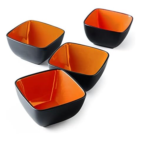 AmorArc Stoneware Cereal Soup Bowls Set for Kitchen, 32oz Large Ceramic Salad Bowls Set of 4, Sqaure Bowls for Cereal, Soup, Salad, Pasta, Orange Inside & Matt Black Outside Cover