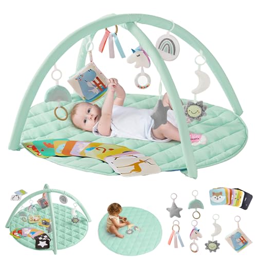 Image of Unicorn Baby Play Gym, Baby Activity Mat with 7 Detachable Toys & 15 Cards, Baby Play Mat for Stage-Based Sensory & Motor Skill Development, Tummy Time Mat for Girls & Boys, Ideal Present, Green