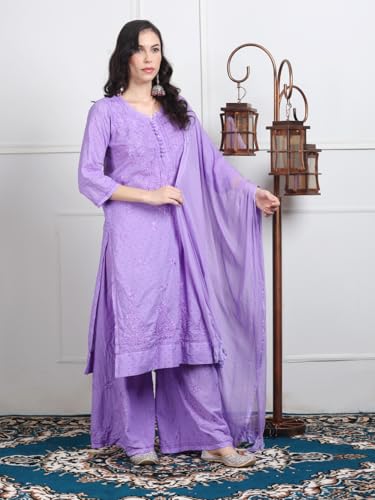 Image of Women's Lucknowi Chikankari Handwork Cotton Kurti, Palazzo and Dupatta Set