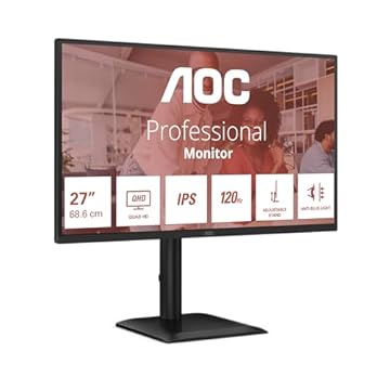 Monitor AOC Q27E4CV da 27 pollici QHD Monitor, 120 Hz, IPS, 4 ms MPRT, Adaptive Sync, modalità HDR, regolazione dell'altezza, altoparlante, (2560 x 1440, HDMI 1x 2.0, DP 1x 1.4 Hub USB) Nero
