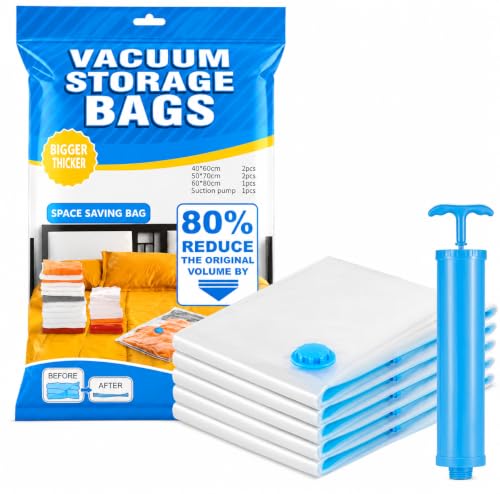 Image of Gismo Polyamide Polyethylene Vacuum Storage Bags (5 Pack) with Hand Pump | 1L /2M /2S Airtight Reusable Space Saver Compression Bags for Clothes, Blankets, Bedding & Travel | Zip Seal Luggage Organizer