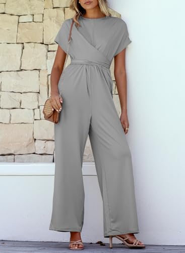 Happy Sailed Jumpsuits for Women Dressy Front Crisscross Tie Waist Belted Wide Leg Pant Rompers Loose Casual Overalls with Pockets Grey X-Large - Thumbnail 3