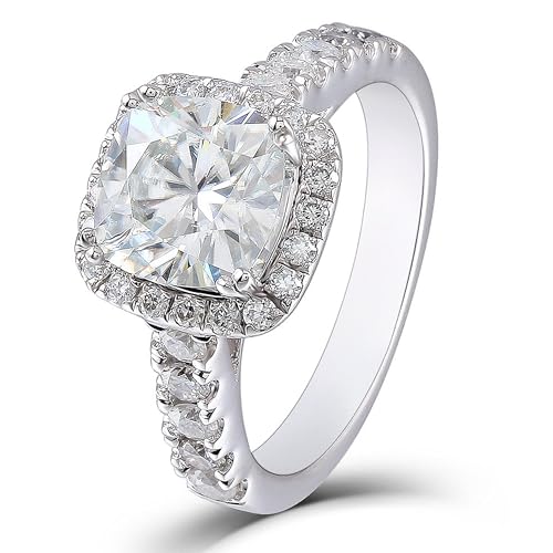 DovEggs Cushion Cut Moissanite Halo Engagement Ring for Women 2CT 7.5mm FGH Colorless, 18K White Gold Plated 925 Sterling Silver, Wedding Anniversary Promise Ring