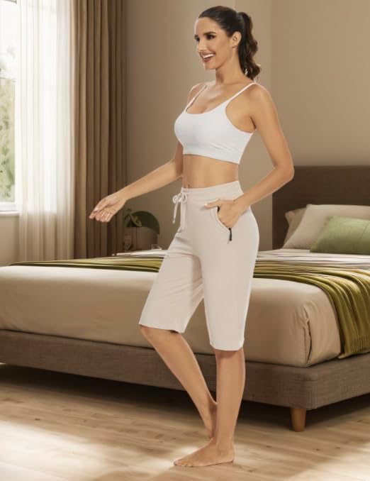 Womens Bermuda Shorts 12" Knee Length Drawstring with 2 Deep Zippered Pockets Comfy Lounge Breathable Shorts - Image 3