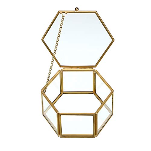 Hipiwe Vintage Glass Jewelry Box - Golden Hexagonal Jewelry Display Organizer Keepsake Box Home Decorative Box Case For Storage Trinket Ring Earring Chest #TOP5