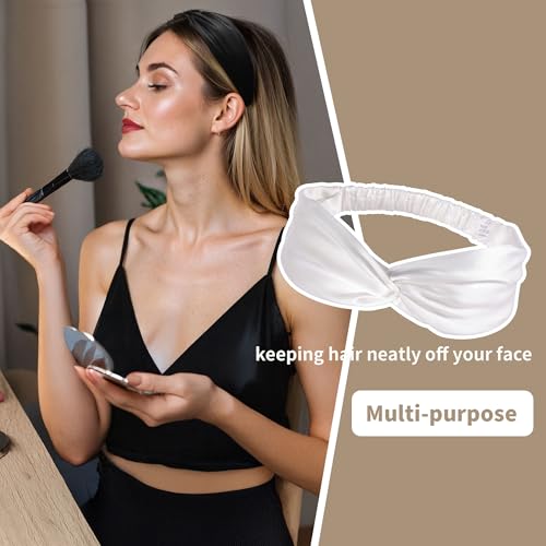 Image of ZLYC Mulberry Silk Headband for Women's Hair Elastic Hairband, Solid White | smooth luxury real silk, stretch elastic no slip fit, makeup spa skincare use, travel daily wear,boho fashion hair accessory