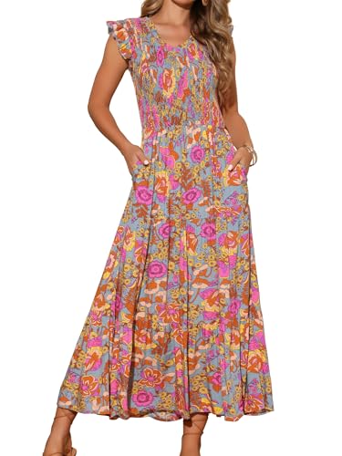 Image of Seta T Women's Summer Dresses Casual Ruffle Sleeveless V Neck Floral Sundress Flowy Smocked Beach Maxi Dress