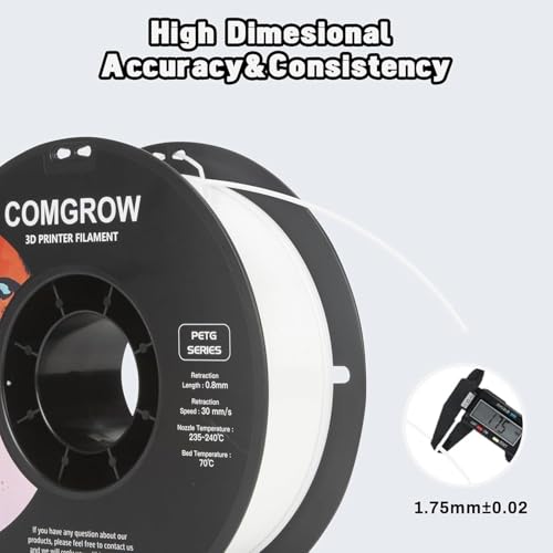 Image of Comgrow PETG 3D Printer Filament 1.75mm, High Precision and Tough 3D Printer Filament (2LBS), Dimensional Accuracy + /- 0.02 mm, Fit Most 3D Printers White