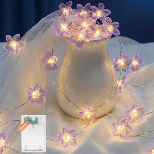 Afaiup Guirlande lumineuse à LED - 2 m - 20 micro LED blanc chaud - Violet - Guirlande lumineuse d'intérieur - Fonctionne avec piles avec minuterie -...