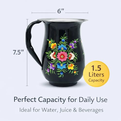 Image of iHandikart Handpainted Stainless Steel Water Jug | Black Floral Design Steel Pitcher for Water, Juice & Milk | Decorative Serving Jug for Kitchen, Dining & Home Decor | 8 x 6 Inch