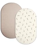 Bassinet Sheet for Baby Boy and Girl 2 Pack, Fitted Sheets for Rectangle, Oval, Hourglass Bassinet Mattress, Muslin Moses Basket Sheets with Neutral Style (Hopping Bunnies & Beige)