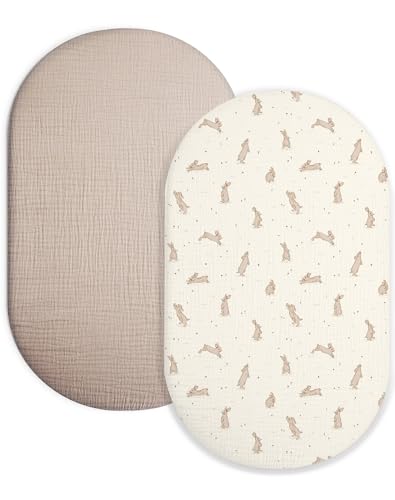 Bassinet Sheet for Baby Boy and Girl 2 Pack, Fitted Sheets for Rectangle, Oval, Hourglass Bassinet Mattress, Muslin Moses Basket Sheets with Neutral Style (Hopping Bunnies & Beige)