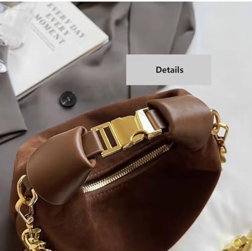 Image of Stylish Brown Suede and Leather Handbag with Gold Chain Handle