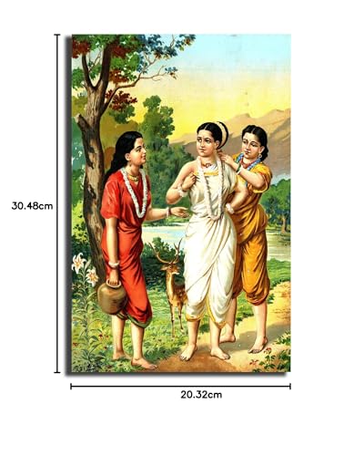 Image of Sikhash Raja Ravi Varma Canvas Painting, Classic Art, Indian Art, Wall Art for Living Room, Unframed, Multicolor, 12x8 inches (30x20 cm, Shakuntala and Sakhis)