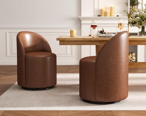Wahson Faux Leather Swivel Dining Chair Set of 2, Modern Upholstered Barrel Accent Chair with 360 Degree Rotation, Brown Vanity Chair for Dining/Living Room, Bedroom, Makeup Room