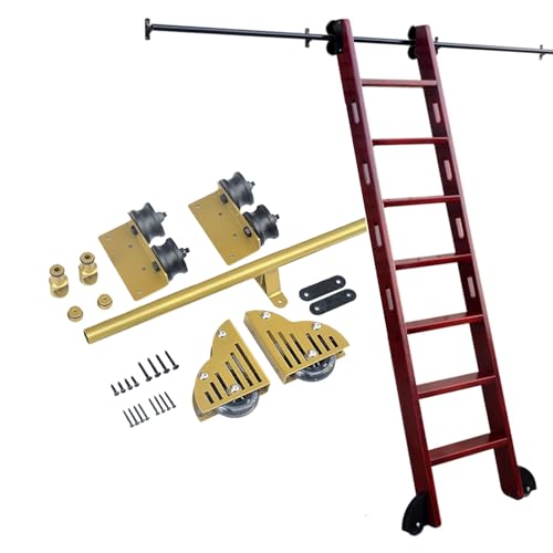 Kit de porte grange coulissante dorée, ensemble complet de quincaillerie bibliothèque, échelle coulissante rail de roulement (sans échelle) rail d'échelle mobile système rouleaux coulissants librairie