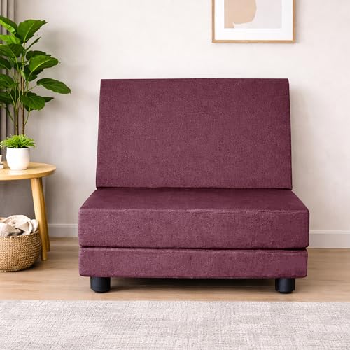 Image of Leg Sofa Cum Bed Single Seater | Foldable Floor Sofa Bed with Jute Fabric | Space Saving Convertible with Sturdy Legs for Living Room & Guest Room - Red