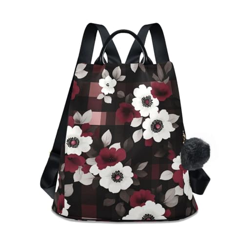 KLL Red and Blue Flower Squares Fashion backpack for teens Anti-theft college backpacks for women for Travel, Work, Everyday with Pom-pom keychain