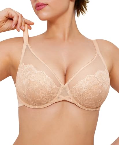 Popilush Minimizer Bras for Women Full Coverage Lace Bra Underwire Push Up Bra Supportive Bras for Women Size 38DDD Color Warm Beige