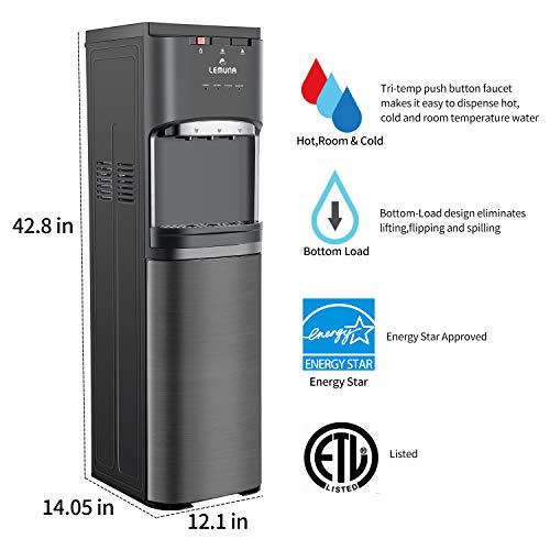LeMuna Water Dispenser- Bottom Loading Water Cooler for 3 or 5 Gallon Bottle with Hot Cold and Normal Temperature Settings, Child Safety Lock and Removable Drip Tray, Stainless Steel & Black - Thumbnail 7