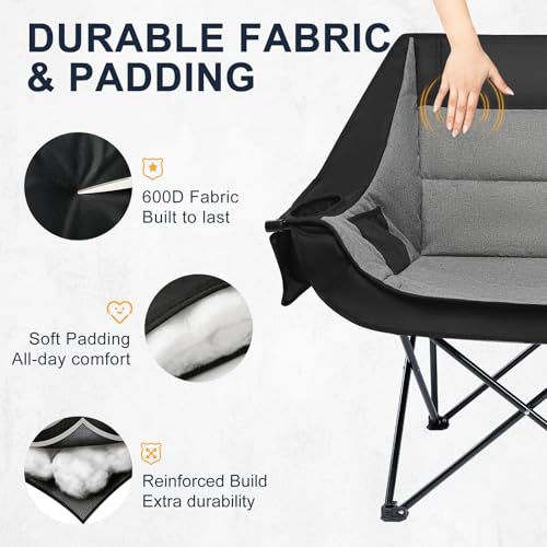 Image of Double Camping Chair 2 Person Loveseat, 800LBS Heavy Duty Chair, Grey