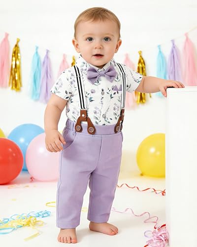 Image of YALLET Baby Boy Clothes Suit Newborn Infant Gentleman Outfits, Formal Dress Shirt+ Bowtie+ Suspender Pants Wedding Party Set