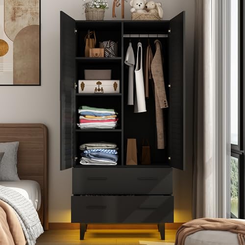 2-Door-Armoire-Wardrobe-Closet-Cabinet-with-Drawers-and-LED-Lights-Multi-Tier-Shelves-Hanging-Rod-2-Louver-Doors-Large-Capacity-Storage-Wardrobe-Armoire-for-Bedroom2-Doors-Black 2 Door Armoire Wardrobe Closet Cabinet with Drawers and LED Lights Multi Tier Shelves Hanging Rod 2 Louver Doors Large Capacity Storage Wardrobe Armoire for Bedroom2 Doors Black