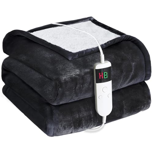 Cushious Heated Electric Blanket Throw 150x200cm 10 Settings Heating 1-8h Timer Auto-Off Overheat Protection Machine Washable Flannel and Sherpa Heated Blanket for Sofa Bed Office