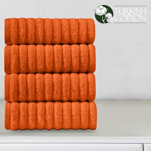 Image of Elegant Comfort Luxury 100% Turkish Cotton Corduroy Ribbed 4 Pack Hand Towel Set 16 x 28 Inch - Absorbent, Super Soft, Quick Dry, Premium Towels for Bathroom, Gym, Spa and Hotel Use, Orange