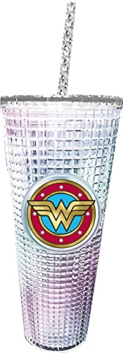 Image of Spoontiques DC Comics Diamond Tumbler, 20oz - Textured Cup w /Staw, Double Wall Insulated, BPA Free - Wonder Woman