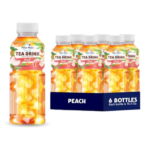 Mogu Mogu Peach Ice Tea with Nata De Coco | Sweet Fruity Peach Drink with Chewy Coconut Jelly | Refreshing Asian Drink for Sharing and Daily Enjoyment | 6 Pack x 450ml Bottles