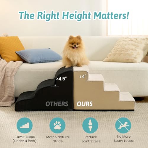 Image of COZY KISS Dog Stairs for Small Dogs 15.7 inch H, 4-Step Gentle Incline Pet Step for Couch Sofa, Non-Slip Right-Angle Dog Ramp for Puppy Doggie Senior Cats, 15.7x23.6x15.7 Inch, Beige