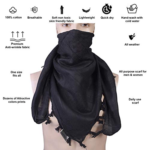 Shemagh Scarf Men & Women Tactical 100% Cotton Military Head Neck Wrap Shawl Desert For Motorcycle Hiking Paintball 42”X42” (Black) #TOP1