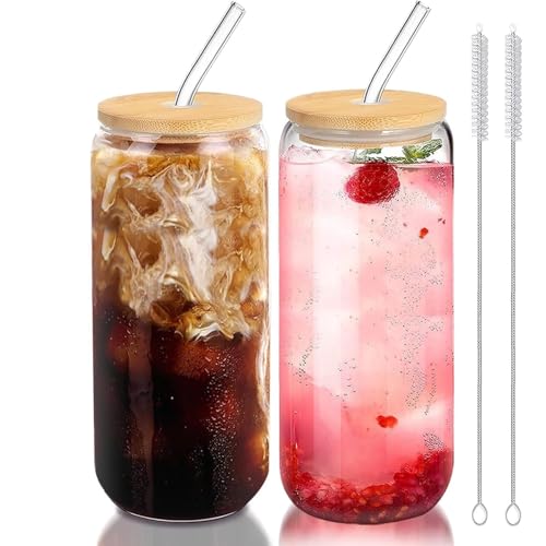 SKY-TOUCH 2 Pcs 550ml Glass Cups with Bamboo Lids and Straws Clear Iced Coffee Glasses Set Cute Aesthetic Reusable Drinking Tumblers with Cleaning Brush for Tea Coffee Smoothie Soda