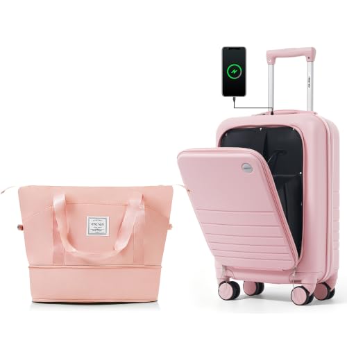 Image of 20 Inch Checked Suitcase with TSA Lock Travel Duffel Bag Wet-Dry Toiletry Bag, Pink Front-Opening