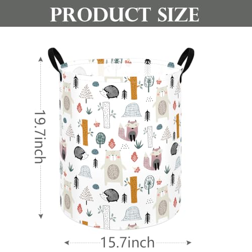 Image of Collapsible Storage Basket 15.7 inch Dx19.7 inch H, Cute Print Fabric Laundry Hamper with Handles, Foldable Storage Bin for Kids Nursery Bedroom Toy Clothes Organizer(Woodland Animals)
