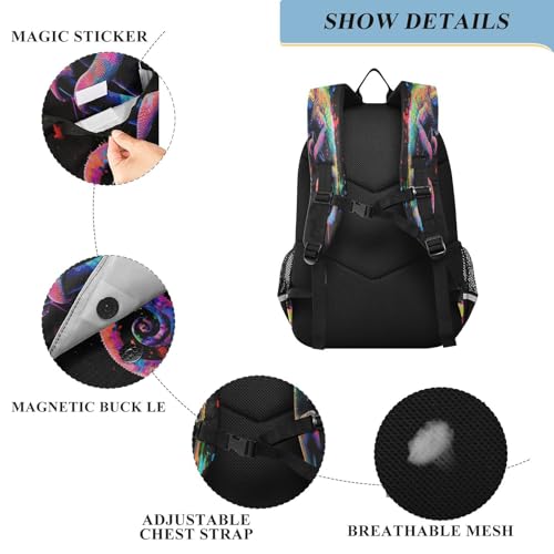 Backpack for School Girls Boys, College Rucksack Travel Daypack Teenager Bookbag Kids Backpack Chameleon Painting Colorful3