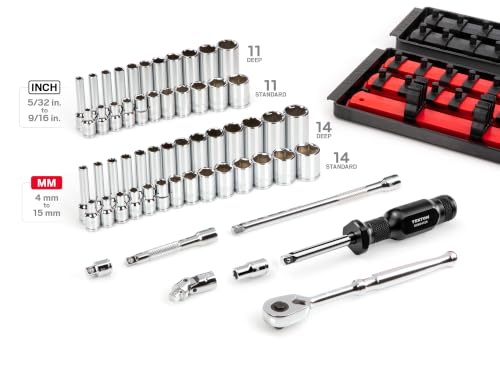 Image of TEKTON 1 /4 Inch Drive 6-Point Socket and Ratchet Set with Rails and Trays, 57-Piece (5 /32-9 /16 in., 4-15 mm) | SKT03301