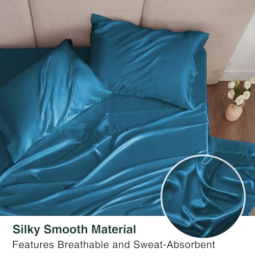 Love's cabin Satin King Sheet Sets - 4 Piece Teal Silky Sheets King Size Bed Set with Deep Pocket, Luxury Silk Feel King Size Satin Sheet Set (1 Flat Sheet,1 Fitted Sheet,2 Pillow Cases)