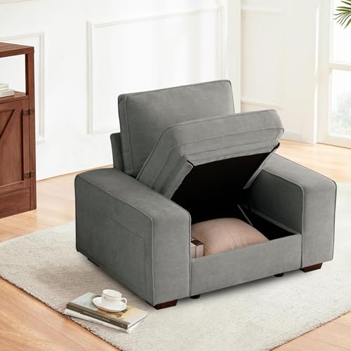 Image of TEKAMON 45 inch Accent Chair with Seat Storage, Oversized Single Sofa Chair, Modern Chenille Fabric Armchair for Living Room /Office with Wide Armrests, Side Pockets, USB /Washable Covers(Light Grey)