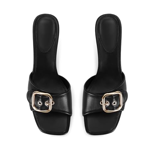 Image of Dsevht Black Kitten Heel Sandals Stiletto Low Heels Slip On Slides Mule Sandal Square Open Toe Dress Shoes for Women