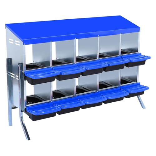 Chicken Nesting Boxes, 10-Compartment Metal Egg Laying Box with Swing Perch and Rollout Egg Collection – Suitable for Various Chicken Breeds with Stand - Blue