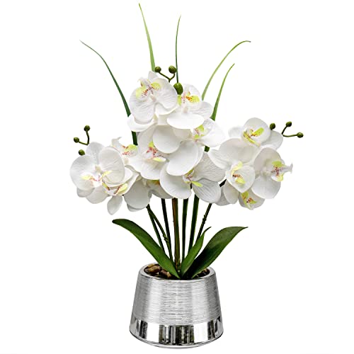Orquídea artificial de 40 cm, color blanco, orquídea en maceta de plata, orquídeas artificiales, planta de orquídea sintética con 14 flores, bonsái de orquídea artificial para decoración de bodas,