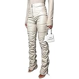 Sumleno High Waist Stacked Pants for Women Faux Leather Ruffle Ruched Leggings Y2k Black Pleated Sexy Aesthetic Streetwear (M,Beige)