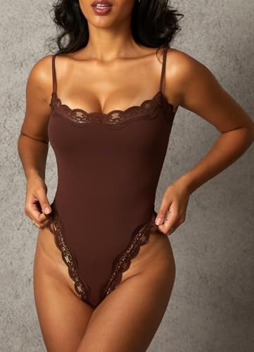 Navneet Women Sexy Lace Bodysuit Lace Trim High Cut Thong Spaghetti Strap Cami Bodysuit Going Out Tank Tops Body Suit2