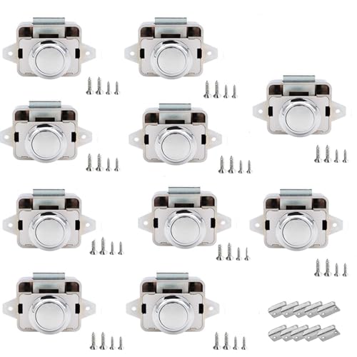 TOOSOAR 10 Pièces Verrous à Bouton-Poussoir,14-16 mm Serrure de Meuble,pour Camping-Cars, Yachts, Bateaux, RV Camping Armoire, Caravane (Chrome brillant)