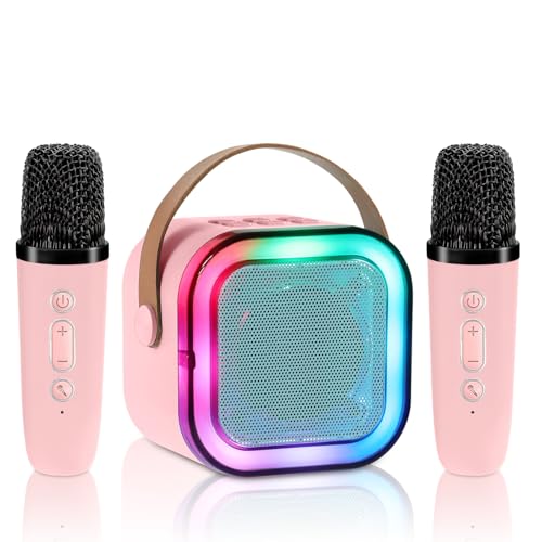 Aischens Mini karaoke infantil com 2 microfones sem fios, karaoke Bluetooth portátil com luzes LED para crianças e adultos, brinquedo de karaoke com efeitos de mudança de voz, presente para crianças