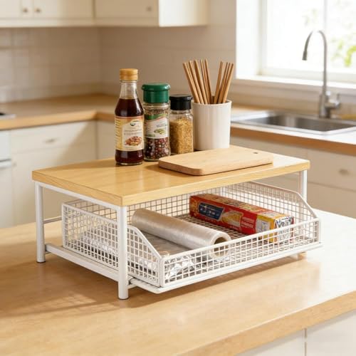 Range-cuisine pour machine à café avec plan de travail bois et support - 7